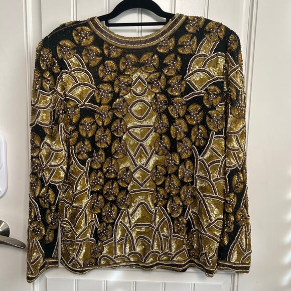 Vintage Handmade Silk Beaded Jacket M Gold India Wearable Art Collector Piece - Picture 11 of 16